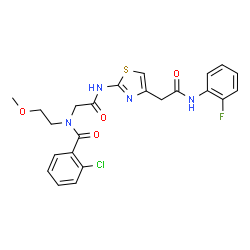 ChemSpider 2D Image | 2-Chloro-N-{2-[(4-{2-[(2-fluorophenyl)amino]-2-oxoethyl}-1,3-thiazol-2-yl)amino]-2-oxoethyl}-N-(2-methoxyethyl)benzamide | C23H22ClFN4O4S