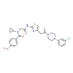 ChemSpider 2D Image | N-{2-[(4-{2-[4-(3-Chlorophenyl)-1-piperazinyl]-2-oxoethyl}-1,3-thiazol-2-yl)amino]-2-oxoethyl}-N-cyclopropyl-4-methoxybenzamide | C28H30ClN5O4S