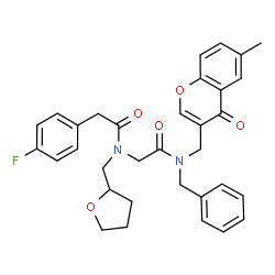 ChemSpider 2D Image | N-Benzyl-N~2~-[(4-fluorophenyl)acetyl]-N-[(6-methyl-4-oxo-4H-chromen-3-yl)methyl]-N~2~-(tetrahydro-2-furanylmethyl)glycinamide | C33H33FN2O5