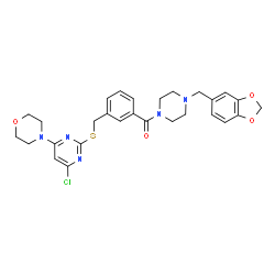 ChemSpider 2D Image | [4-(1,3-Benzodioxol-5-ylmethyl)-1-piperazinyl][3-({[4-chloro-6-(4-morpholinyl)-2-pyrimidinyl]sulfanyl}methyl)phenyl]methanone | C28H30ClN5O4S