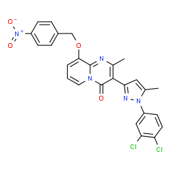 ChemSpider 2D Image | 3-[1-(3,4-Dichlorophenyl)-5-methyl-1H-pyrazol-3-yl]-2-methyl-9-[(4-nitrobenzyl)oxy]-4H-pyrido[1,2-a]pyrimidin-4-one | C26H19Cl2N5O4