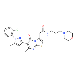ChemSpider 2D Image | 2-{6-[1-(2-Chlorophenyl)-5-methyl-1H-pyrazol-3-yl]-7-methyl-5-oxo-5H-[1,3]thiazolo[3,2-a]pyrimidin-3-yl}-N-[3-(4-morpholinyl)propyl]acetamide | C26H29ClN6O3S