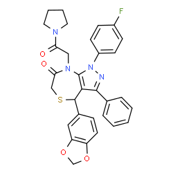 ChemSpider 2D Image | 4-(1,3-Benzodioxol-5-yl)-1-(4-fluorophenyl)-8-[2-oxo-2-(1-pyrrolidinyl)ethyl]-3-phenyl-4,8-dihydro-1H-pyrazolo[3,4-e][1,4]thiazepin-7(6H)-one | C31H27FN4O4S
