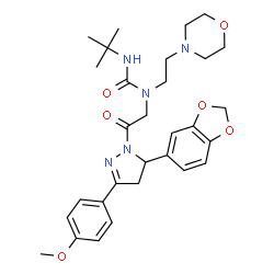 ChemSpider 2D Image | 1-{2-[5-(1,3-Benzodioxol-5-yl)-3-(4-methoxyphenyl)-4,5-dihydro-1H-pyrazol-1-yl]-2-oxoethyl}-3-(2-methyl-2-propanyl)-1-[2-(4-morpholinyl)ethyl]urea | C30H39N5O6