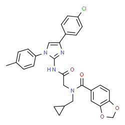 ChemSpider 2D Image | N-(2-{[4-(4-Chlorophenyl)-1-(4-methylphenyl)-1H-imidazol-2-yl]amino}-2-oxoethyl)-N-(cyclopropylmethyl)-1,3-benzodioxole-5-carboxamide | C30H27ClN4O4