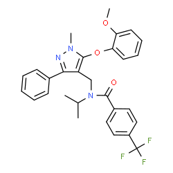 ChemSpider 2D Image | N-Isopropyl-N-{[5-(2-methoxyphenoxy)-1-methyl-3-phenyl-1H-pyrazol-4-yl]methyl}-4-(trifluoromethyl)benzamide | C29H28F3N3O3