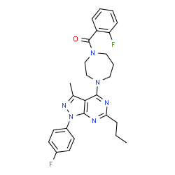 ChemSpider 2D Image | (2-Fluorophenyl){4-[1-(4-fluorophenyl)-3-methyl-6-propyl-1H-pyrazolo[3,4-d]pyrimidin-4-yl]-1,4-diazepan-1-yl}methanone | C27H28F2N6O