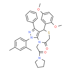 ChemSpider 2D Image | 4-(2,5-Dimethoxyphenyl)-1-(2,4-dimethylphenyl)-8-[2-oxo-2-(1-pyrrolidinyl)ethyl]-3-phenyl-4,8-dihydro-1H-pyrazolo[3,4-e][1,4]thiazepin-7(6H)-one | C34H36N4O4S