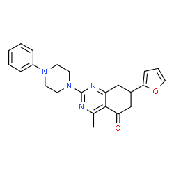 ChemSpider 2D Image | 7-(2-Furyl)-4-methyl-2-(4-phenyl-1-piperazinyl)-7,8-dihydro-5(6H)-quinazolinone | C23H24N4O2
