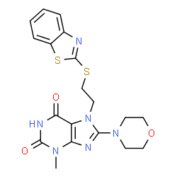 ChemSpider 2D Image | 7-[2-(1,3-Benzothiazol-2-ylsulfanyl)ethyl]-3-methyl-8-(4-morpholinyl)-3,7-dihydro-1H-purine-2,6-dione | C19H20N6O3S2
