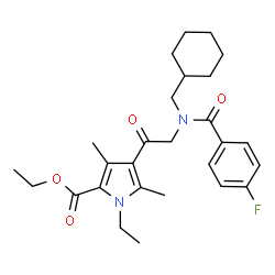 ChemSpider 2D Image | Ethyl 4-[N-(cyclohexylmethyl)-N-(4-fluorobenzoyl)glycyl]-1-ethyl-3,5-dimethyl-1H-pyrrole-2-carboxylate | C27H35FN2O4