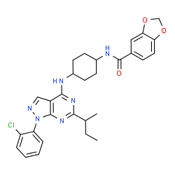 ChemSpider 2D Image | N-(4-{[6-sec-Butyl-1-(2-chlorophenyl)-1H-pyrazolo[3,4-d]pyrimidin-4-yl]amino}cyclohexyl)-1,3-benzodioxole-5-carboxamide | C29H31ClN6O3