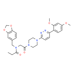 ChemSpider 2D Image | N-(1,3-Benzodioxol-5-ylmethyl)-N-(2-{4-[6-(2,4-dimethoxyphenyl)-3-pyridazinyl]-1-piperazinyl}-2-oxoethyl)propanamide | C29H33N5O6