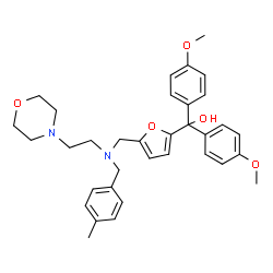 ChemSpider 2D Image | Bis(4-methoxyphenyl)[5-({(4-methylbenzyl)[2-(4-morpholinyl)ethyl]amino}methyl)-2-furyl]methanol | C34H40N2O5