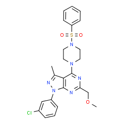 ChemSpider 2D Image | 1-(3-Chlorophenyl)-6-(methoxymethyl)-3-methyl-4-[4-(phenylsulfonyl)-1-piperazinyl]-1H-pyrazolo[3,4-d]pyrimidine | C24H25ClN6O3S