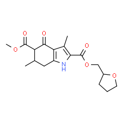 ChemSpider 2D Image | 5-Methyl 2-(tetrahydro-2-furanylmethyl) 3,6-dimethyl-4-oxo-4,5,6,7-tetrahydro-1H-indole-2,5-dicarboxylate | C18H23NO6