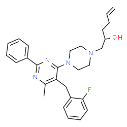 ChemSpider 2D Image | 1-{4-[5-(2-Fluorobenzyl)-6-methyl-2-phenyl-4-pyrimidinyl]-1-piperazinyl}-5-hexen-2-ol | C28H33FN4O