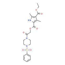 ChemSpider 2D Image | 4-Ethyl 2-{2-oxo-2-[4-(phenylsulfonyl)-1-piperazinyl]ethyl} 3,5-dimethyl-1H-pyrrole-2,4-dicarboxylate | C22H27N3O7S