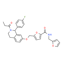 ChemSpider 2D Image | 5-({[1-(4-Fluorophenyl)-2-propionyl-1,2,3,4-tetrahydro-7-isoquinolinyl]oxy}methyl)-N-(2-furylmethyl)-2-furamide | C29H27FN2O5