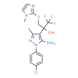 ChemSpider 2D Image | 2-[5-Amino-1-(4-chlorophenyl)-3-methyl-1H-pyrazol-4-yl]-1,1,1-trifluoro-3-[(1-methyl-1H-imidazol-2-yl)sulfanyl]-2-propanol | C17H17ClF3N5OS