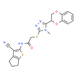 ChemSpider 2D Image | N-(3-Cyano-5,6-dihydro-4H-cyclopenta[b]thiophen-2-yl)-2-{[5-(2,3-dihydro-1,4-benzodioxin-2-yl)-4-methyl-4H-1,2,4-triazol-3-yl]sulfanyl}acetamide | C21H19N5O3S2