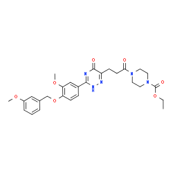 ChemSpider 2D Image | Ethyl 4-[3-(3-{3-methoxy-4-[(3-methoxybenzyl)oxy]phenyl}-5-oxo-2,5-dihydro-1,2,4-triazin-6-yl)propanoyl]-1-piperazinecarboxylate | C28H33N5O7