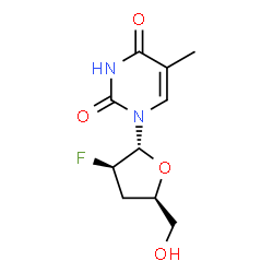 ChemSpider 2D Image | 1-(2,3-Dideoxy-2-fluoro-alpha-L-threo-pentofuranosyl)-5-methyl-2,4(1H,3H)-pyrimidinedione | C10H13FN2O4