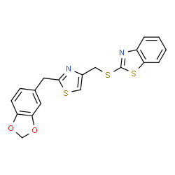 ChemSpider 2D Image | 2-({[2-(1,3-Benzodioxol-5-ylmethyl)-1,3-thiazol-4-yl]methyl}sulfanyl)-1,3-benzothiazole | C19H14N2O2S3