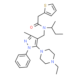 ChemSpider 2D Image | N-sec-Butyl-N-{[5-(4-ethyl-1-piperazinyl)-3-methyl-1-phenyl-1H-pyrazol-4-yl]methyl}-2-(2-thienyl)acetamide | C27H37N5OS