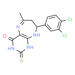 ChemSpider 2D Image | 8-(3,4-Dichlorophenyl)-6-methyl-2-thioxo-1,2,3,7,8,9-hexahydro-4H-pyrimido[4,5-b][1,4]diazepin-4-one | C14H12Cl2N4OS