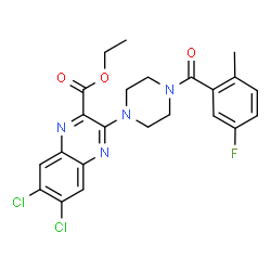ChemSpider 2D Image | Ethyl 6,7-dichloro-3-[4-(5-fluoro-2-methylbenzoyl)-1-piperazinyl]-2-quinoxalinecarboxylate | C23H21Cl2FN4O3