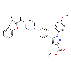 ChemSpider 2D Image | Ethyl 1-(4-methoxyphenyl)-5-(4-{4-[(3-methyl-1-benzofuran-2-yl)carbonyl]-1-piperazinyl}phenyl)-1H-pyrazole-3-carboxylate | C33H32N4O5