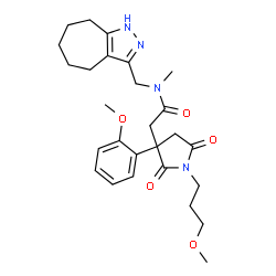ChemSpider 2D Image | N-(1,4,5,6,7,8-Hexahydrocyclohepta[c]pyrazol-3-ylmethyl)-2-[3-(2-methoxyphenyl)-1-(3-methoxypropyl)-2,5-dioxo-3-pyrrolidinyl]-N-methylacetamide | C27H36N4O5