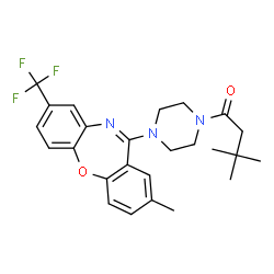 ChemSpider 2D Image | 3,3-Dimethyl-1-{4-[2-methyl-8-(trifluoromethyl)dibenzo[b,f][1,4]oxazepin-11-yl]-1-piperazinyl}-1-butanone | C25H28F3N3O2