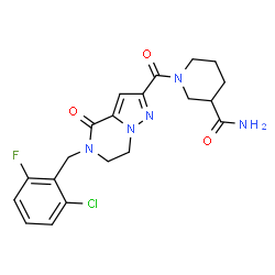 ChemSpider 2D Image | 1-{[5-(2-Chloro-6-fluorobenzyl)-4-oxo-4,5,6,7-tetrahydropyrazolo[1,5-a]pyrazin-2-yl]carbonyl}-3-piperidinecarboxamide | C20H21ClFN5O3