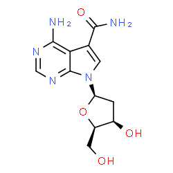 ChemSpider 2D Image | 4-Amino-7-(2-deoxy-beta-D-threo-pentofuranosyl)-7H-pyrrolo[2,3-d]pyrimidine-5-carboxamide | C12H15N5O4
