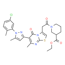 ChemSpider 2D Image | Ethyl 1-({6-[1-(5-chloro-2-methylphenyl)-5-methyl-1H-pyrazol-3-yl]-7-methyl-5-oxo-5H-[1,3]thiazolo[3,2-a]pyrimidin-3-yl}acetyl)-3-piperidinecarboxylate | C28H30ClN5O4S