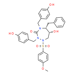 ChemSpider 2D Image | (5R,6R)-5-Benzyl-6-hydroxy-2,4-bis(4-hydroxybenzyl)-1-[(4-methoxyphenyl)sulfonyl]-1,2,4-triazepan-3-one | C32H33N3O7S
