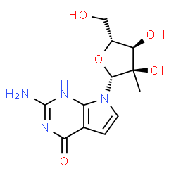 ChemSpider 2D Image | 2-Amino-7-(2-C-methyl-beta-D-ribofuranosyl)-1,7-dihydro-4H-pyrrolo[2,3-d]pyrimidin-4-one | C12H16N4O5