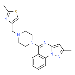 ChemSpider 2D Image | 2-Methyl-5-{4-[(2-methyl-1,3-thiazol-4-yl)methyl]-1-piperazinyl}pyrazolo[1,5-a]quinazoline | C20H22N6S
