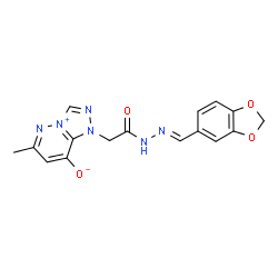 ChemSpider 2D Image | 1-{2-[(2E)-2-(1,3-Benzodioxol-5-ylmethylene)hydrazino]-2-oxoethyl}-6-methyl-1H-[1,2,4]triazolo[4,3-b]pyridazin-4-ium-8-olate | C16H14N6O4