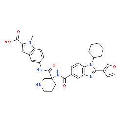 ChemSpider 2D Image | 5-({[3-({[1-Cyclohexyl-2-(3-furyl)-1H-benzimidazol-5-yl]carbonyl}amino)-3-piperidinyl]carbonyl}amino)-1-methyl-1H-indole-2-carboxylic acid | C34H36N6O5
