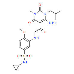 ChemSpider 2D Image | 3-{[2-(6-Amino-1-isobutyl-3-methyl-2,4-dioxo-1,2,3,4-tetrahydro-5-pyrimidinyl)-2-oxoethyl]amino}-N-cyclopropyl-4-methoxybenzenesulfonamide | C21H29N5O6S