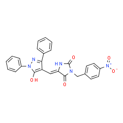 ChemSpider 2D Image | (5Z)-5-[(5-Hydroxy-1,3-diphenyl-1H-pyrazol-4-yl)methylene]-3-(4-nitrobenzyl)-2,4-imidazolidinedione | C26H19N5O5