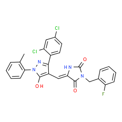 ChemSpider 2D Image | (5Z)-5-{[3-(2,4-Dichlorophenyl)-5-hydroxy-1-(2-methylphenyl)-1H-pyrazol-4-yl]methylene}-3-(2-fluorobenzyl)-2,4-imidazolidinedione | C27H19Cl2FN4O3