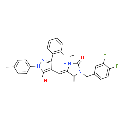ChemSpider 2D Image | (5Z)-3-(3,4-Difluorobenzyl)-5-{[5-hydroxy-3-(2-methoxyphenyl)-1-(4-methylphenyl)-1H-pyrazol-4-yl]methylene}-2,4-imidazolidinedione | C28H22F2N4O4