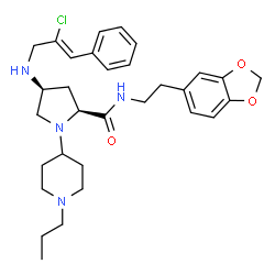 ChemSpider 2D Image | (4S)-N-[2-(1,3-Benzodioxol-5-yl)ethyl]-4-{[(2Z)-2-chloro-3-phenyl-2-propen-1-yl]amino}-1-(1-propyl-4-piperidinyl)-L-prolinamide | C31H41ClN4O3