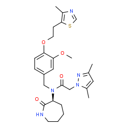 ChemSpider 2D Image | 2-(3,5-Dimethyl-1H-pyrazol-1-yl)-N-{3-methoxy-4-[2-(4-methyl-1,3-thiazol-5-yl)ethoxy]benzyl}-N-[(3S)-2-oxo-3-azepanyl]acetamide | C27H35N5O4S