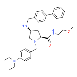 ChemSpider 2D Image | (4S)-4-[(4-Biphenylylmethyl)amino]-1-[4-(diethylamino)benzyl]-N-(2-methoxyethyl)-L-prolinamide | C32H42N4O2