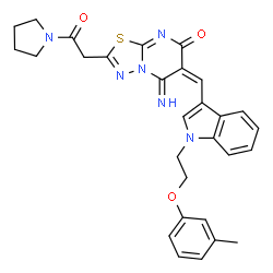 ChemSpider 2D Image | (6E)-5-Imino-6-({1-[2-(3-methylphenoxy)ethyl]-1H-indol-3-yl}methylene)-2-[2-oxo-2-(1-pyrrolidinyl)ethyl]-5,6-dihydro-7H-[1,3,4]thiadiazolo[3,2-a]pyrimidin-7-one | C29H28N6O3S